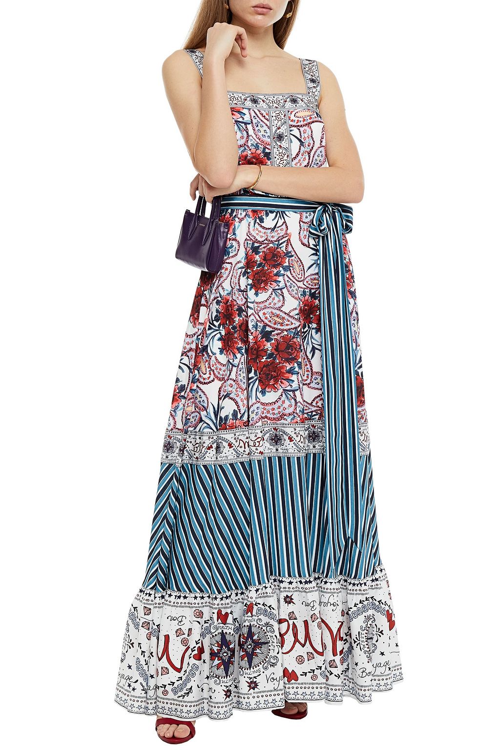 BADGLEY MISCHKA Belted printed crepe de chine gown