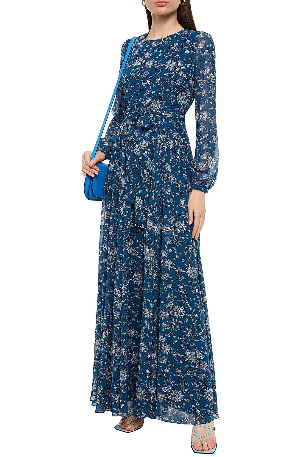 MIKAEL AGHAL Gathered belted floral-print chiffon maxi dress