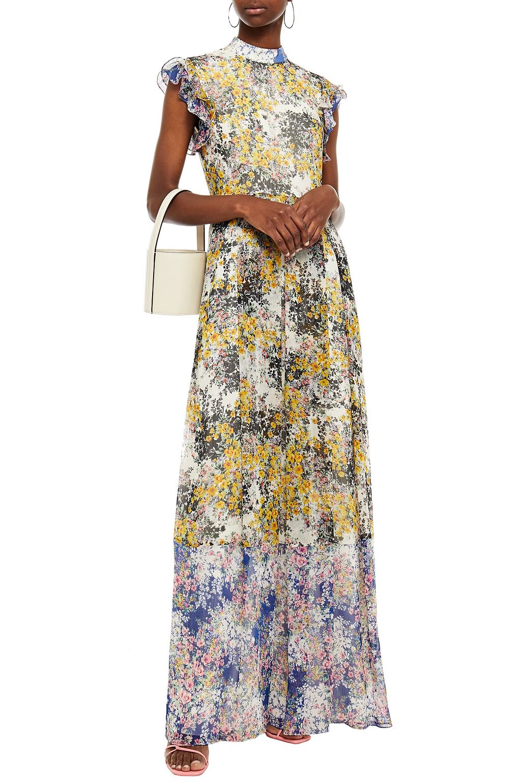 MIKAEL AGHAL Paneled pleated floral-print crepon maxi dress