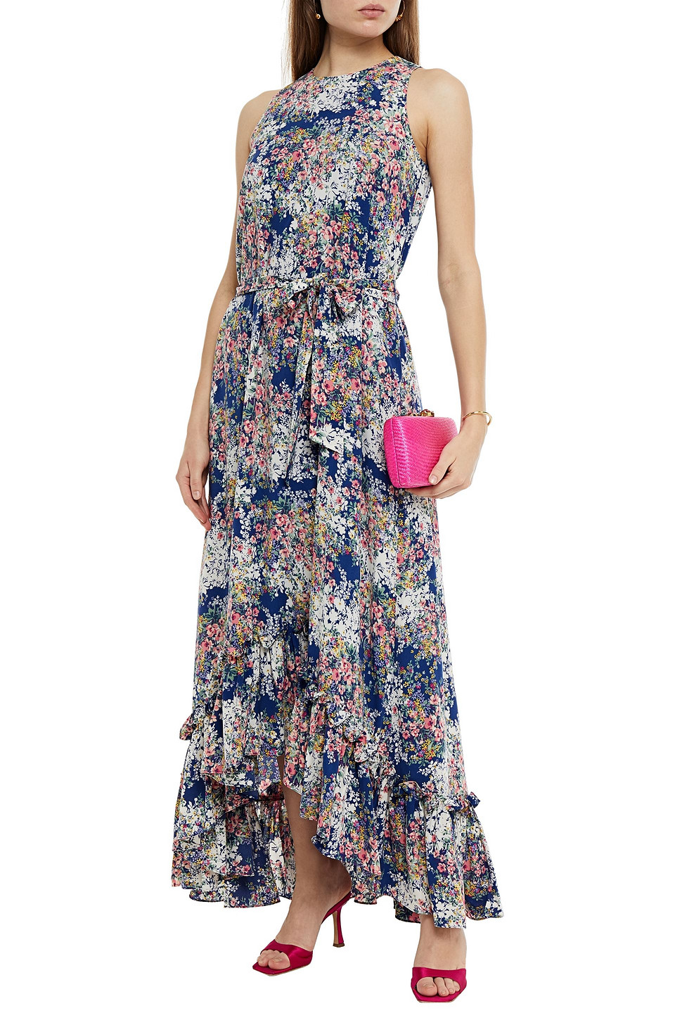 Mikael Aghal Belted Ruffled Floral-print Crepe Midi Dress In Royal Blue