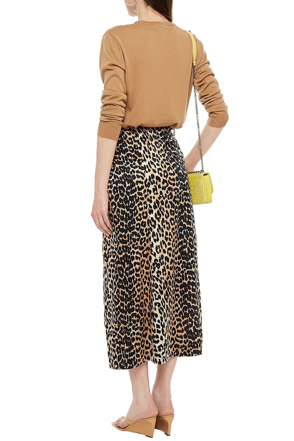 GANNI Bow-detailed leopard-print silk-blend satin midi skirt