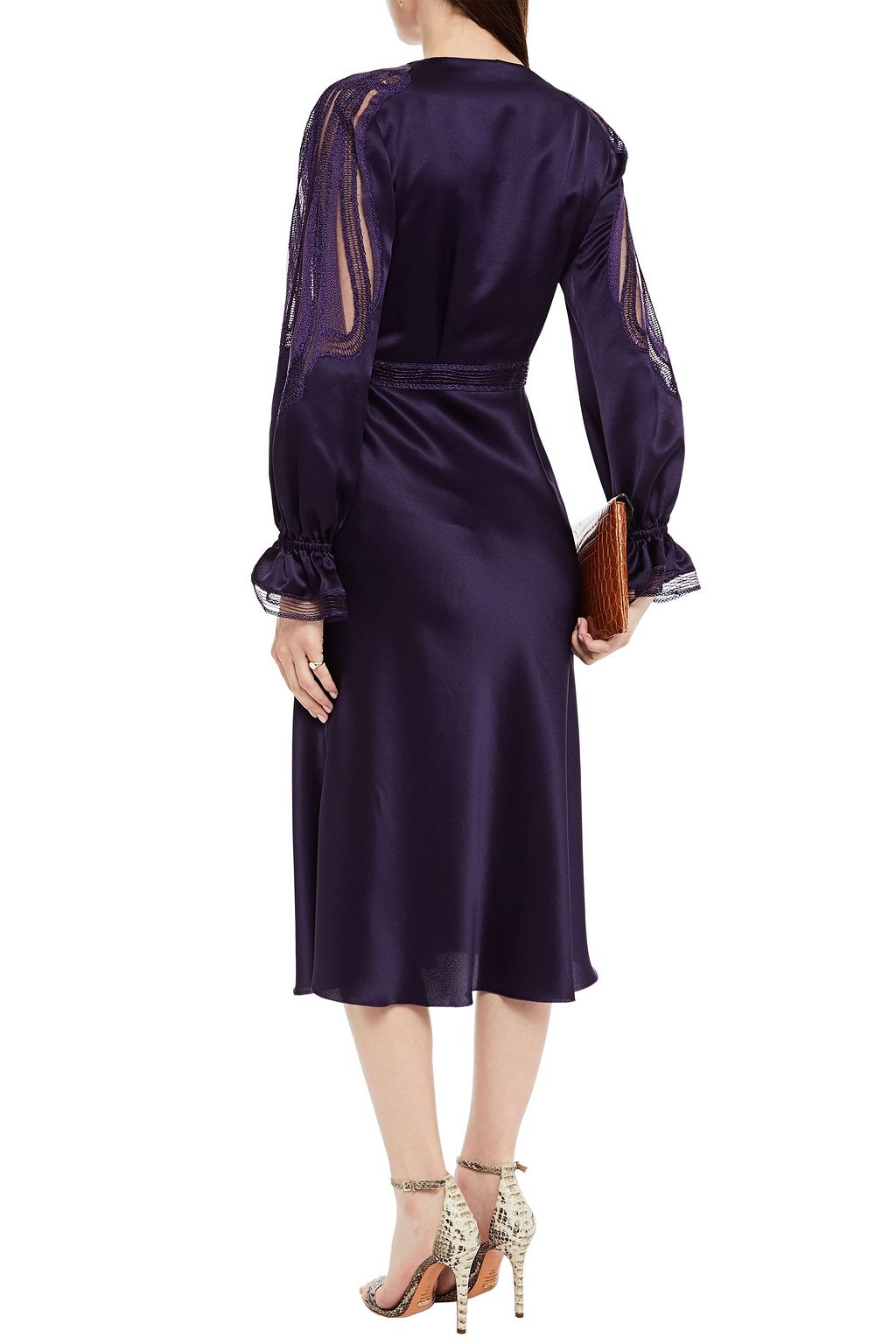 ALBERTA FERRETTI Wrap-effect embroidered tulle-paneled silk-satin crepe midi dress