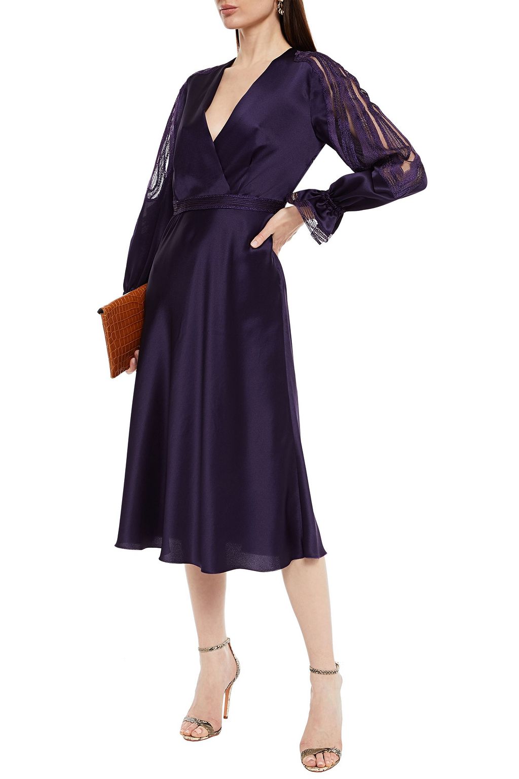 ALBERTA FERRETTI Wrap-effect embroidered tulle-paneled silk-satin crepe midi dress