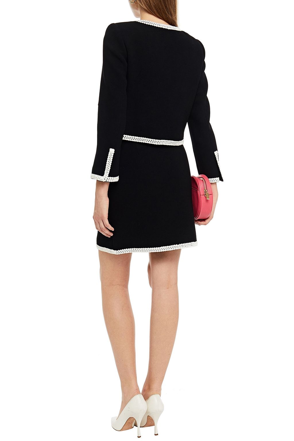 MOSCHINO Crochet-trimmed appliquéd wool-blend crepe jacket