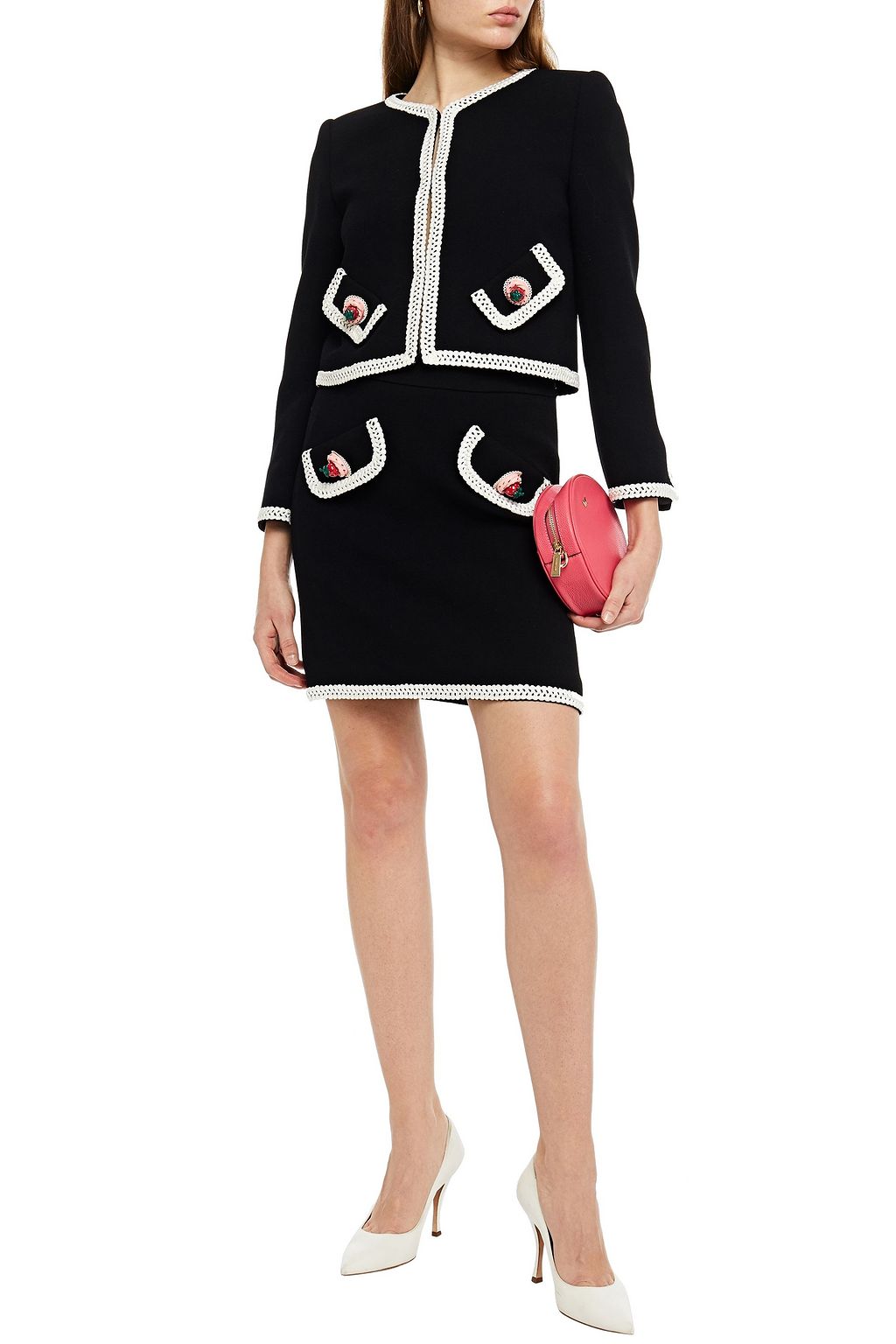 MOSCHINO Crochet-trimmed appliquéd wool-blend crepe jacket