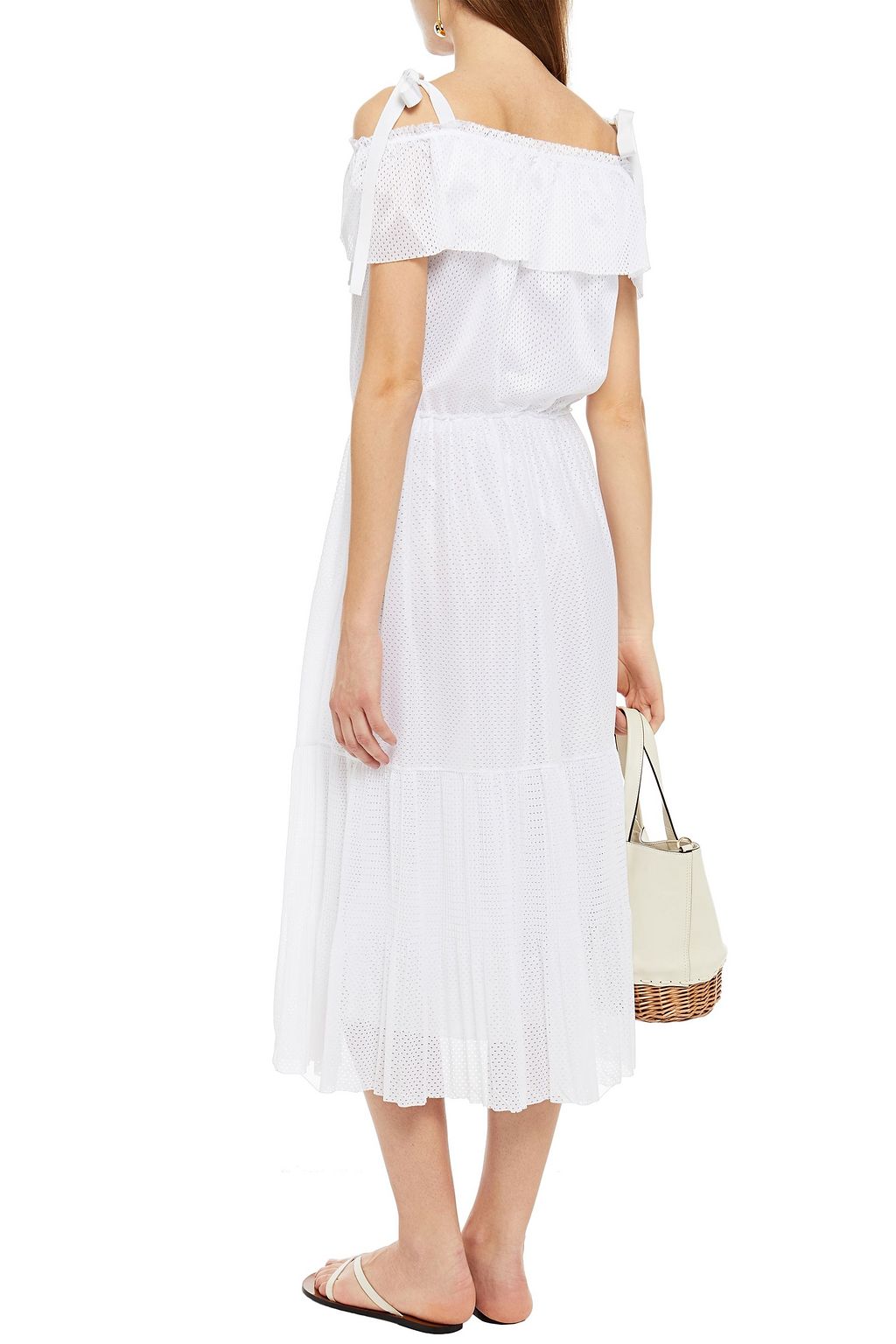 REDVALENTINO Cold-shoulder tiered mesh midi dress