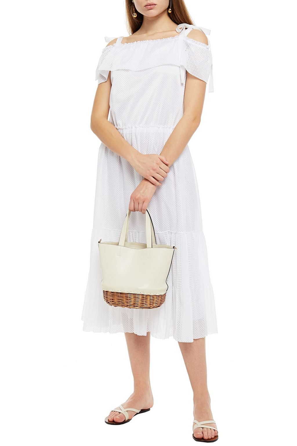 REDVALENTINO Cold-shoulder tiered mesh midi dress