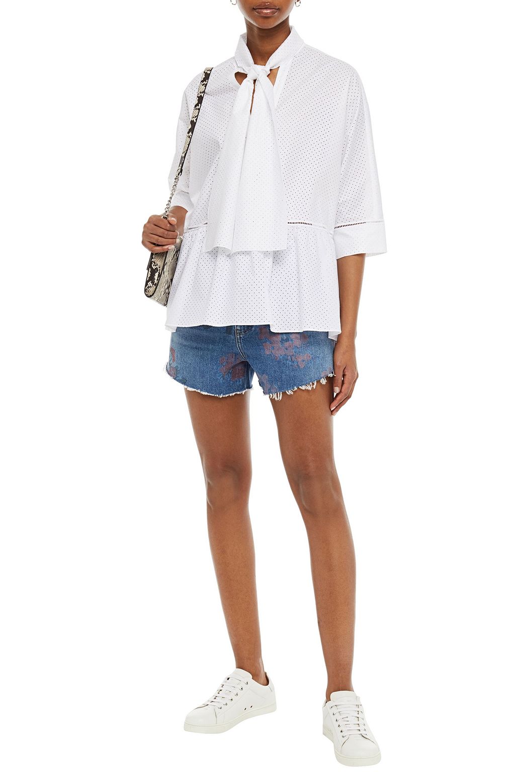 REDVALENTINO Tie-neck perforated cotton blouse