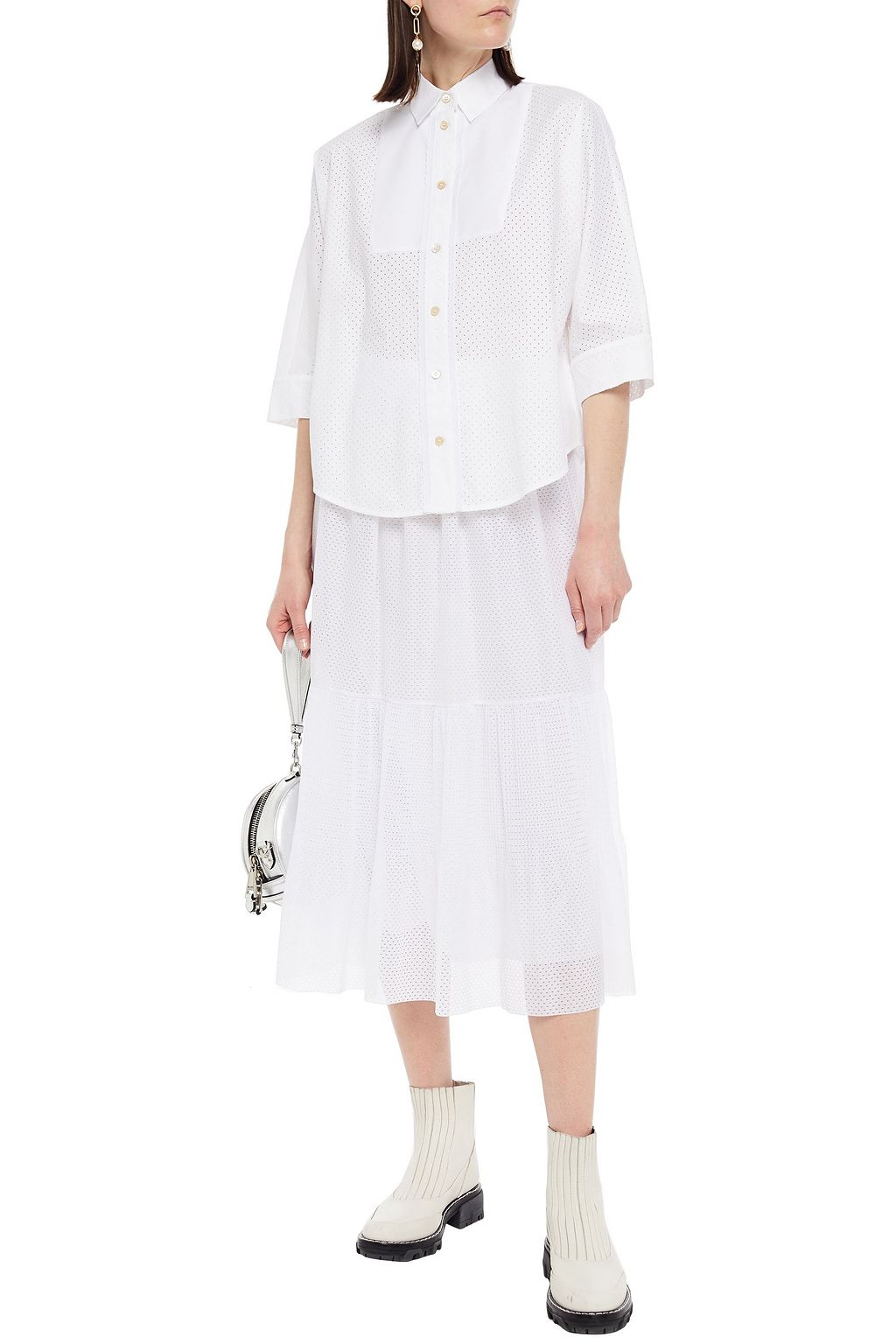 REDVALENTINO Gathered pointelle-knit midi skirt