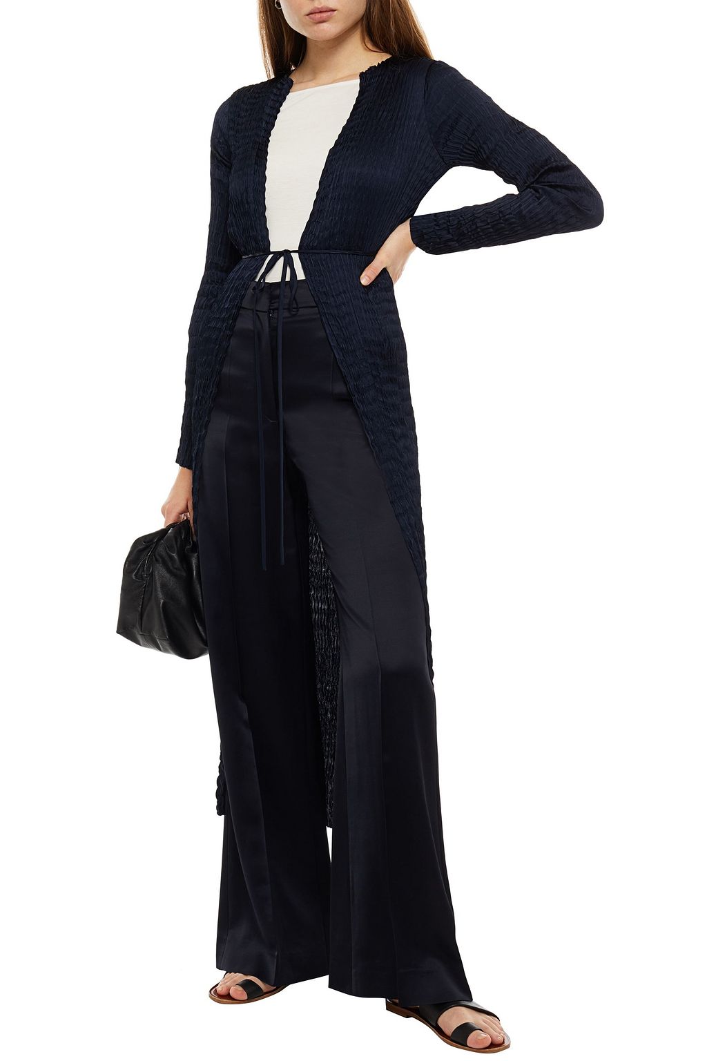 THEORY Belted plissé-satin cardigan