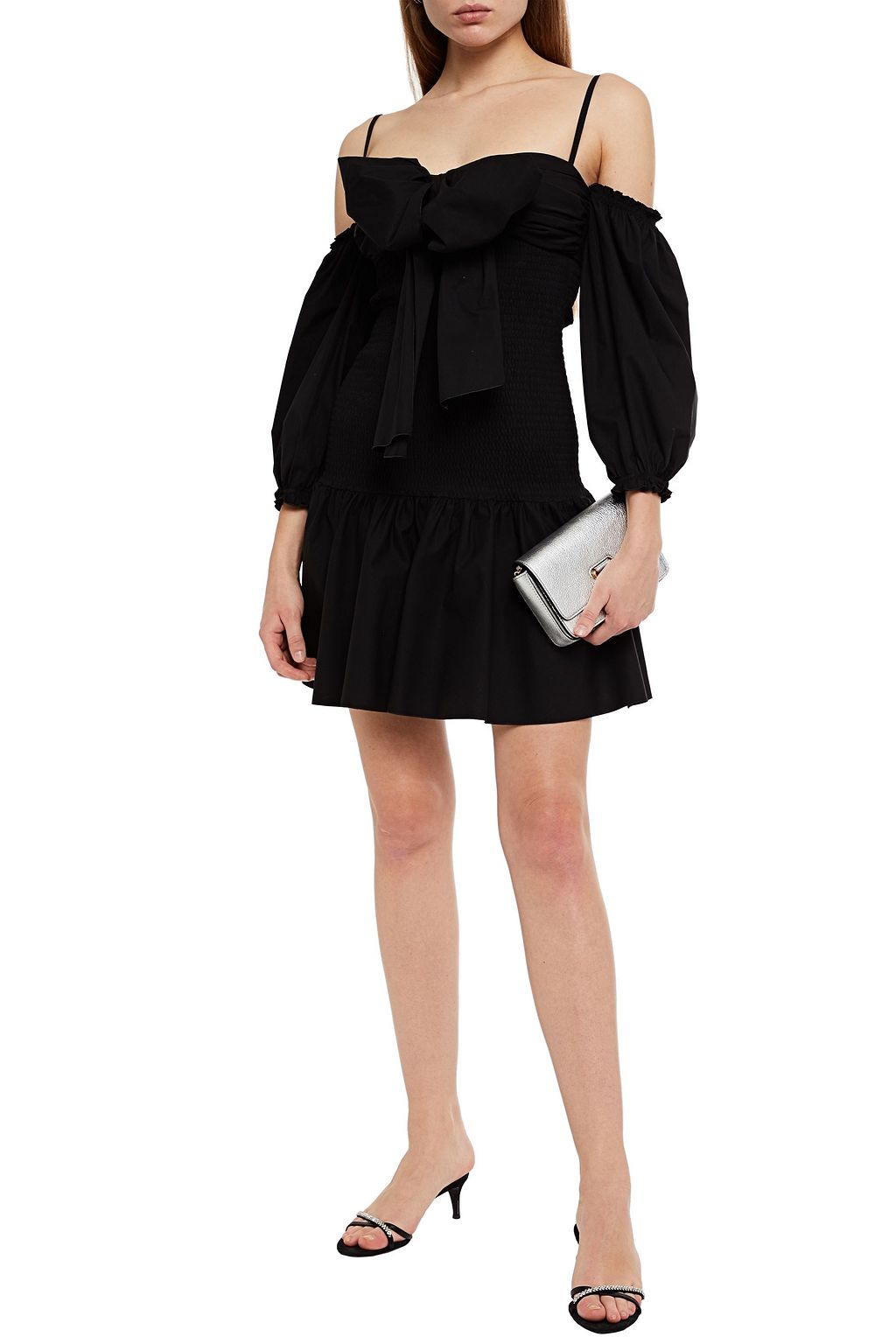 REDVALENTINO Cold-shoulder bow-detailed stretch-cotton poplin mini dress