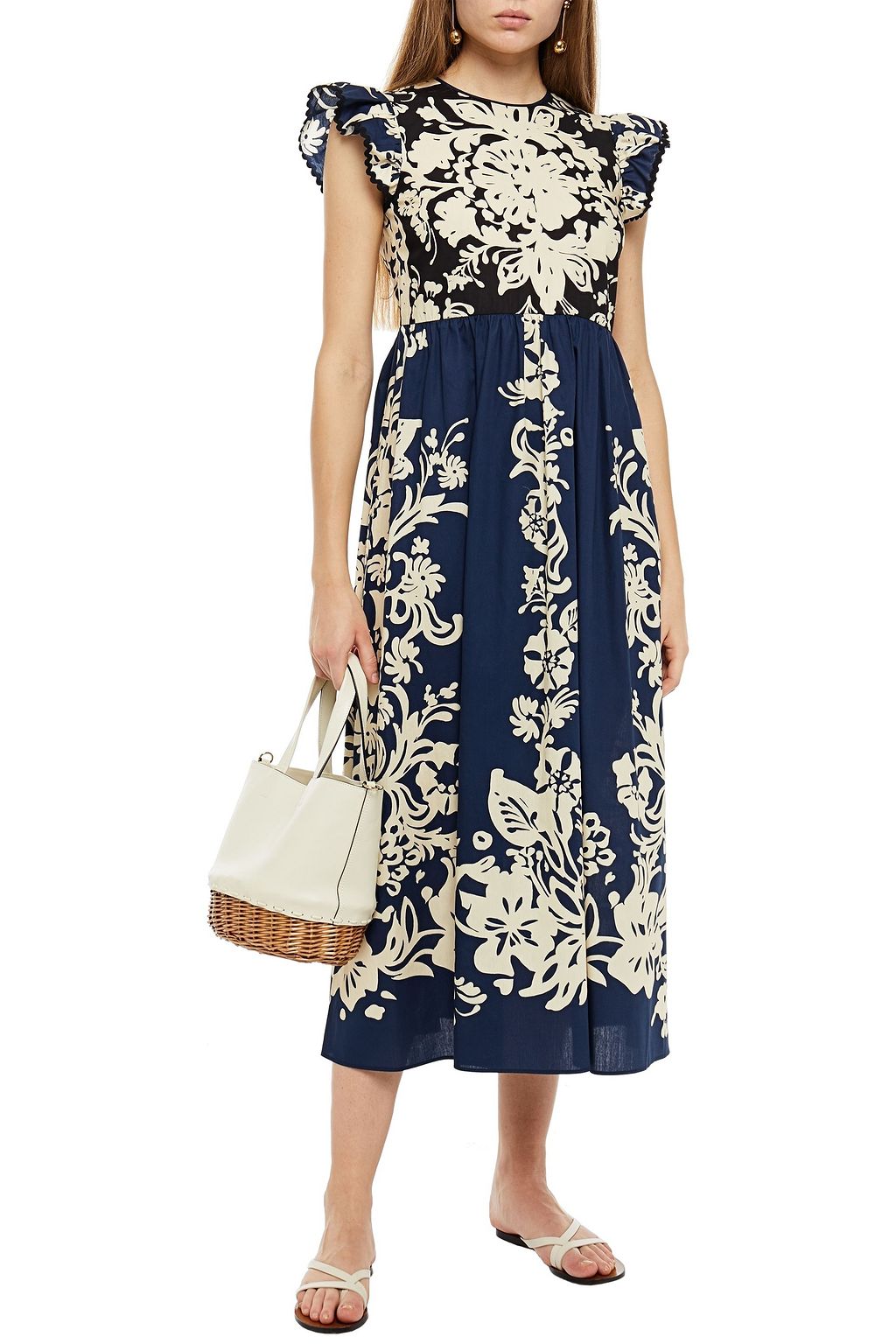 REDVALENTINO Ruffled floral-print cotton-broadcloth midi dress