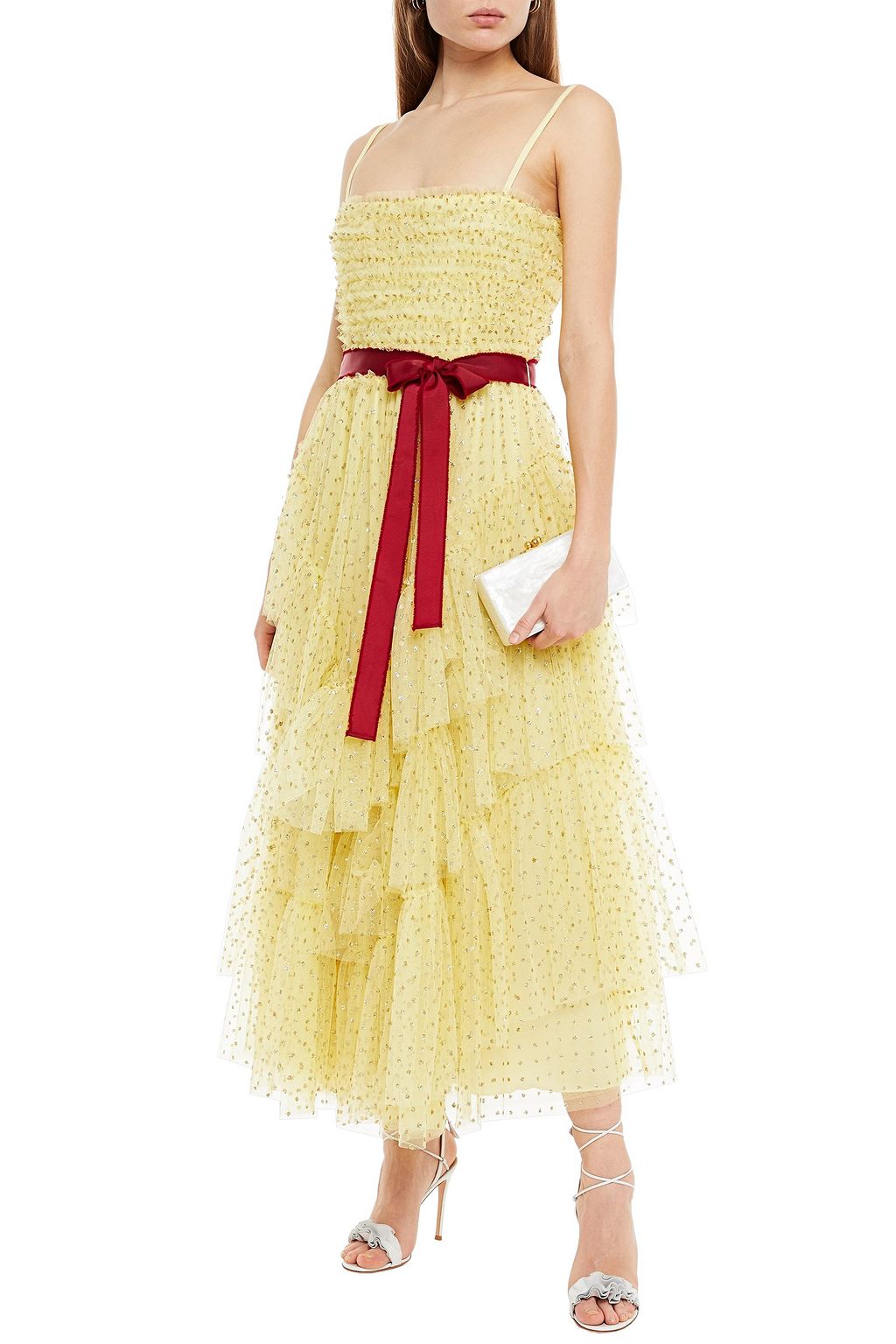 REDVALENTINO فستان متوسط الطول متعدّد الطبقات من التول مزين بالترتر