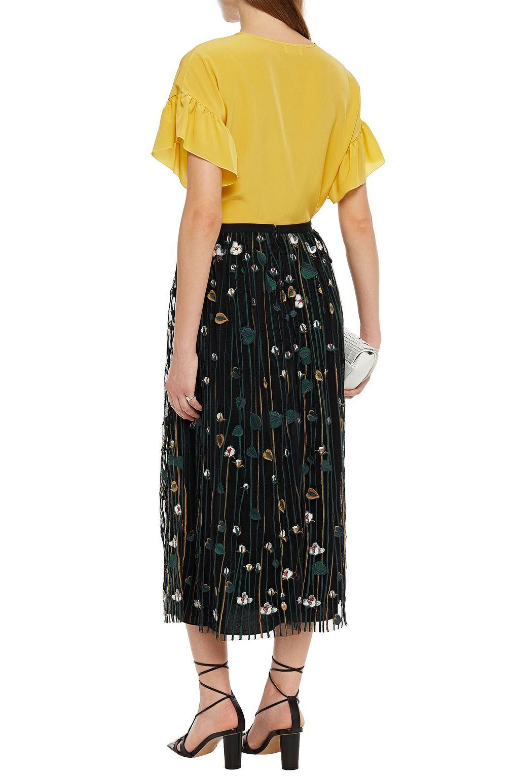 REDVALENTINO Gathered embroidered tulle midi skirt