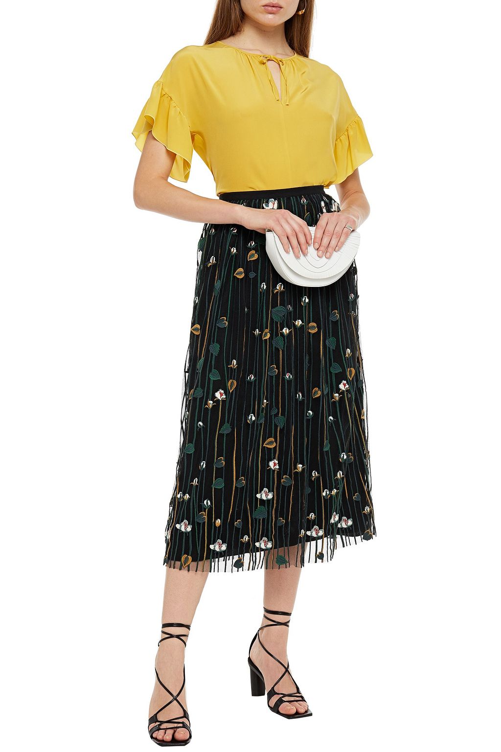 REDVALENTINO Gathered embroidered tulle midi skirt