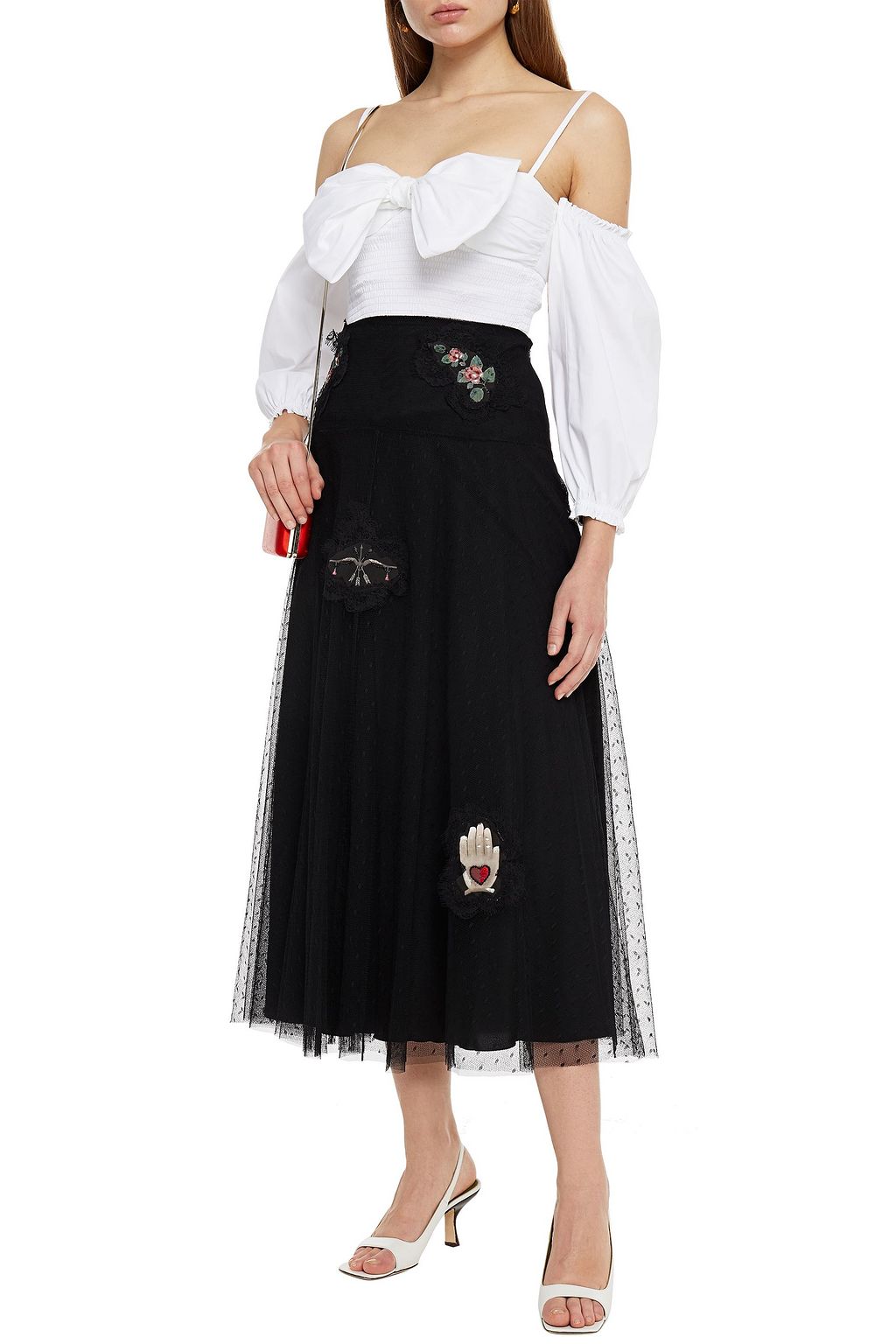 REDVALENTINO Embellished point d'esprit tulle midi skirt