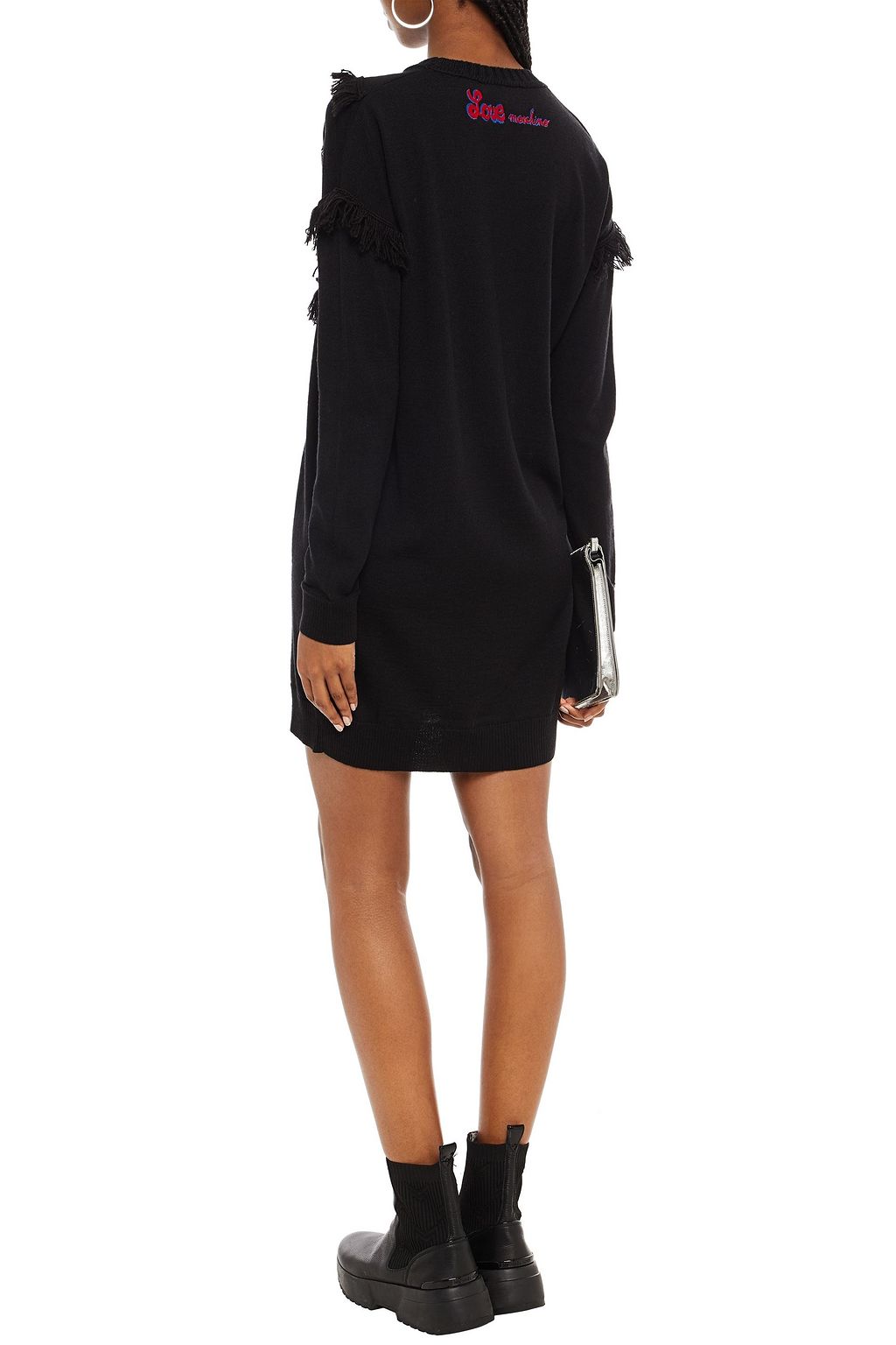 LOVE MOSCHINO Embellished fringed metallic wool-blend mini dress