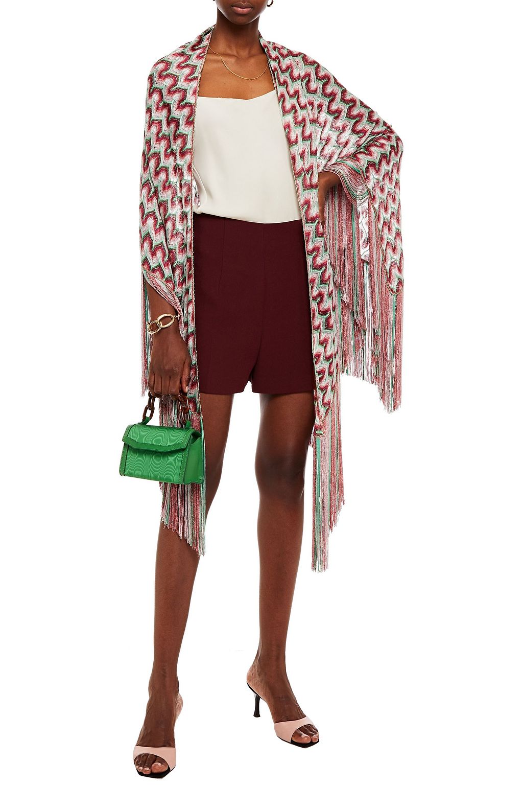 MISSONI Fringed metallic crochet-knit wrap