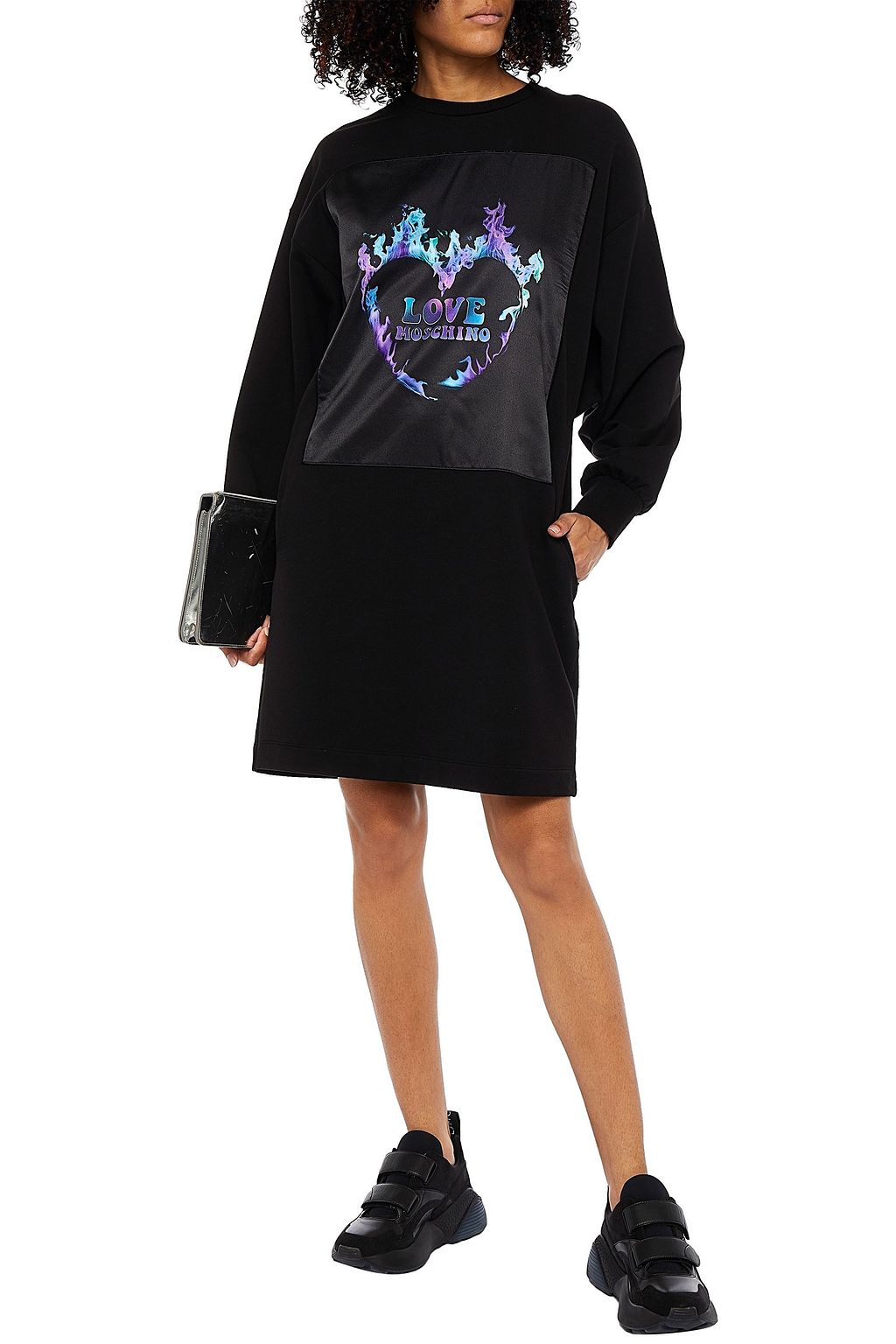 LOVE MOSCHINO Paneled printed satin and cotton-blend fleece mini dress