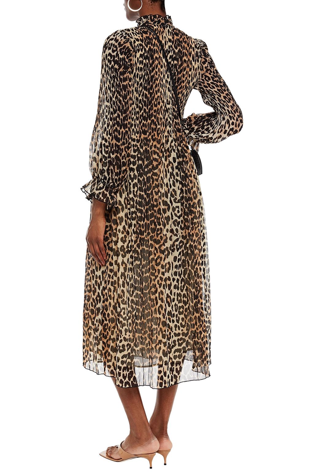 GANNI Ruffle-trimmed leopard-print plissé midi dress