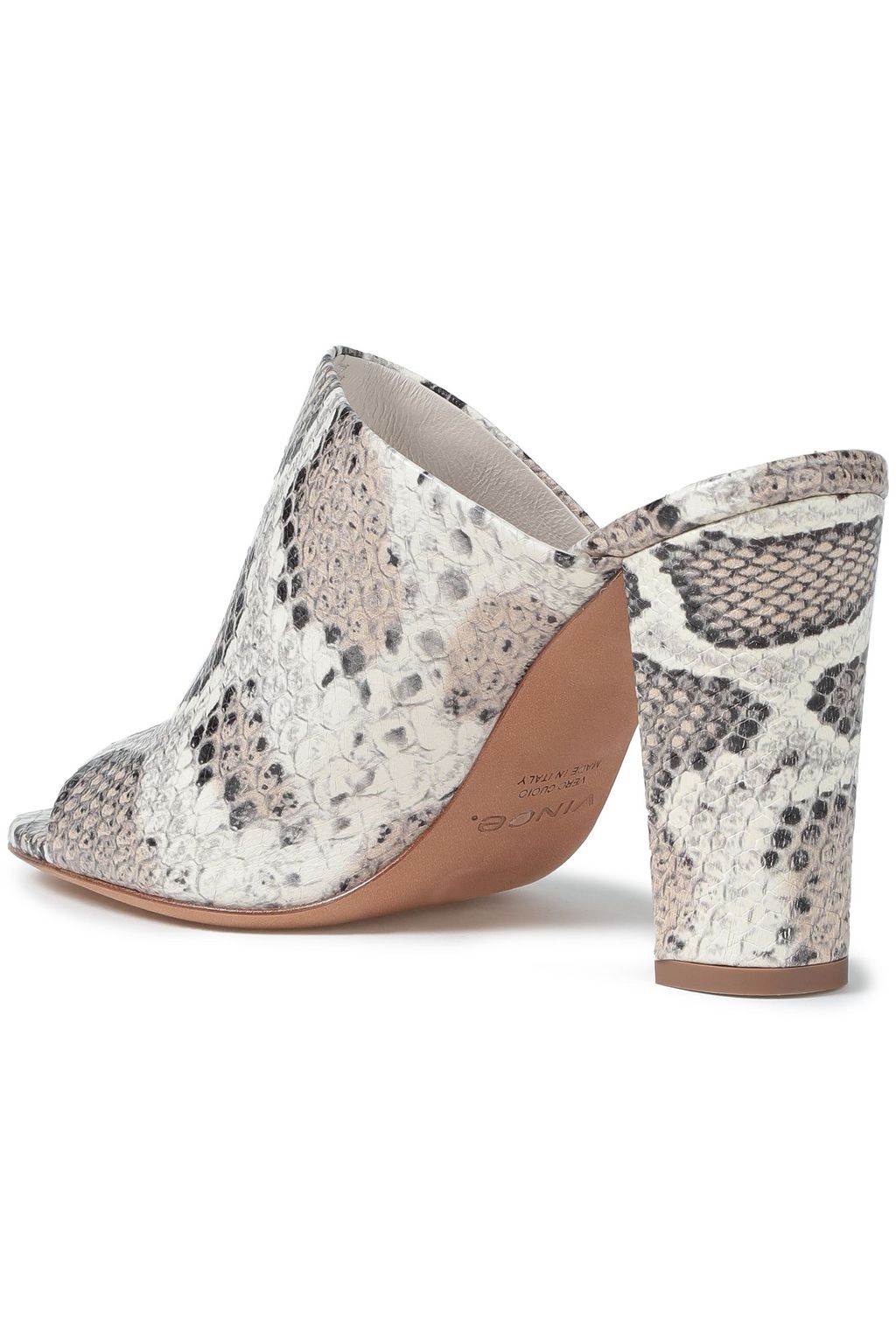 VINCE. Snake-effect leather mules