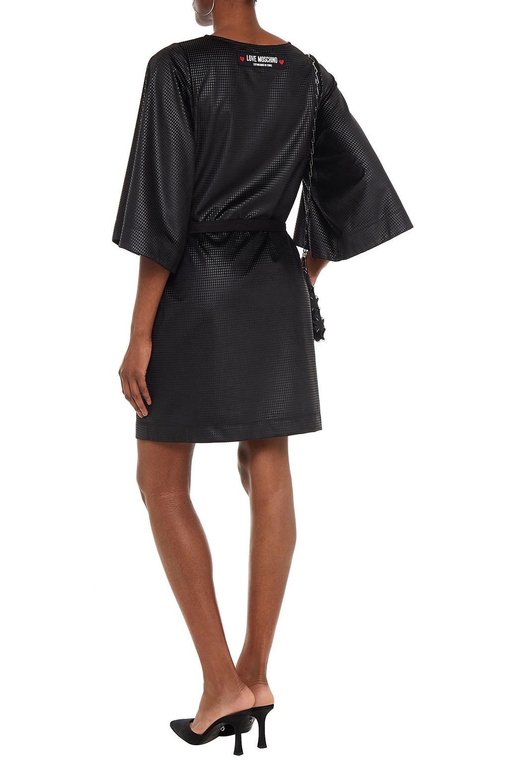 LOVE MOSCHINO Appliquéd belted houndstooth velvet mini dress