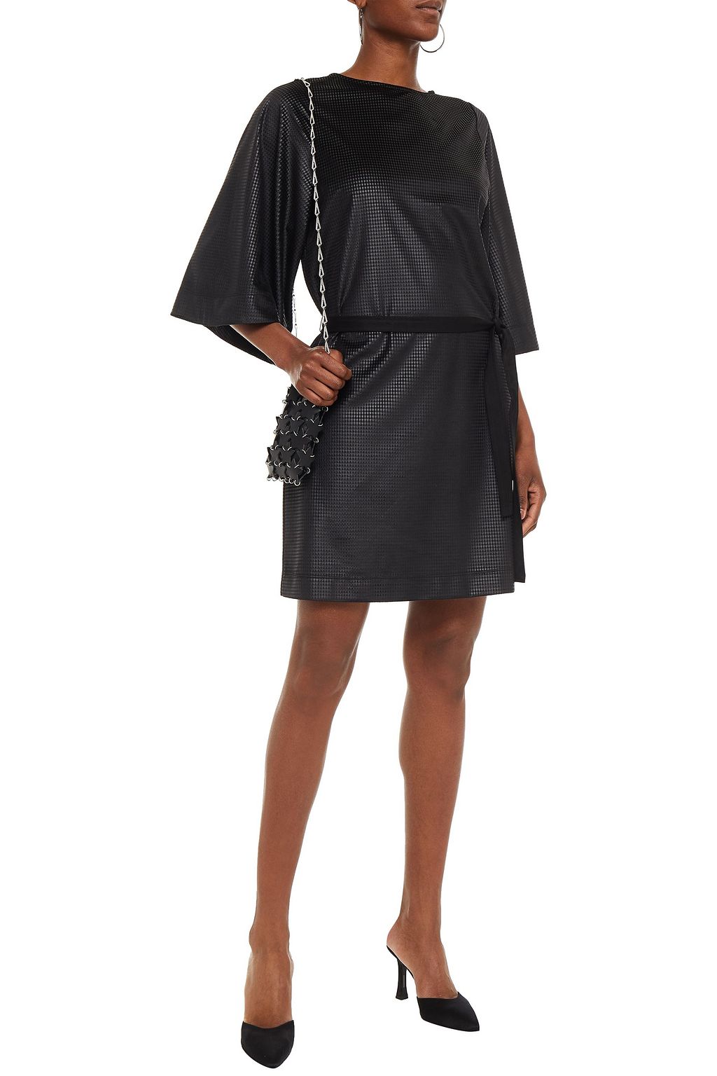 LOVE MOSCHINO Appliquéd belted houndstooth velvet mini dress