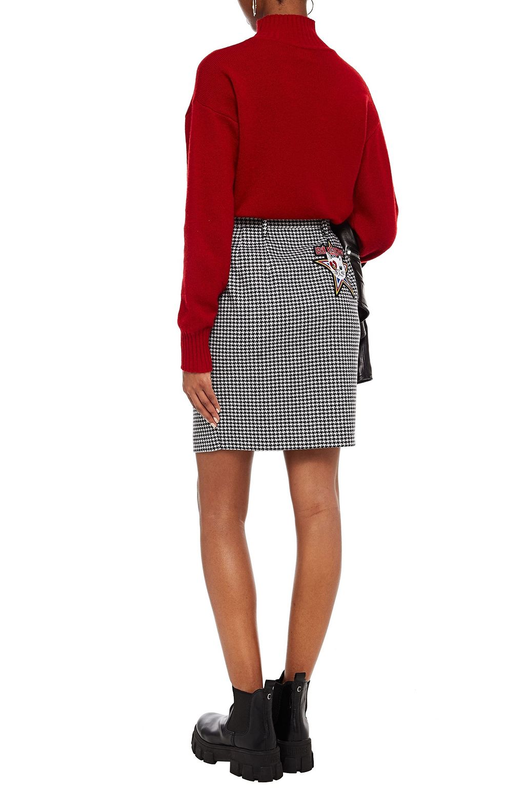LOVE MOSCHINO Appliquéd houndstooth wool-blend tweed mini skirt