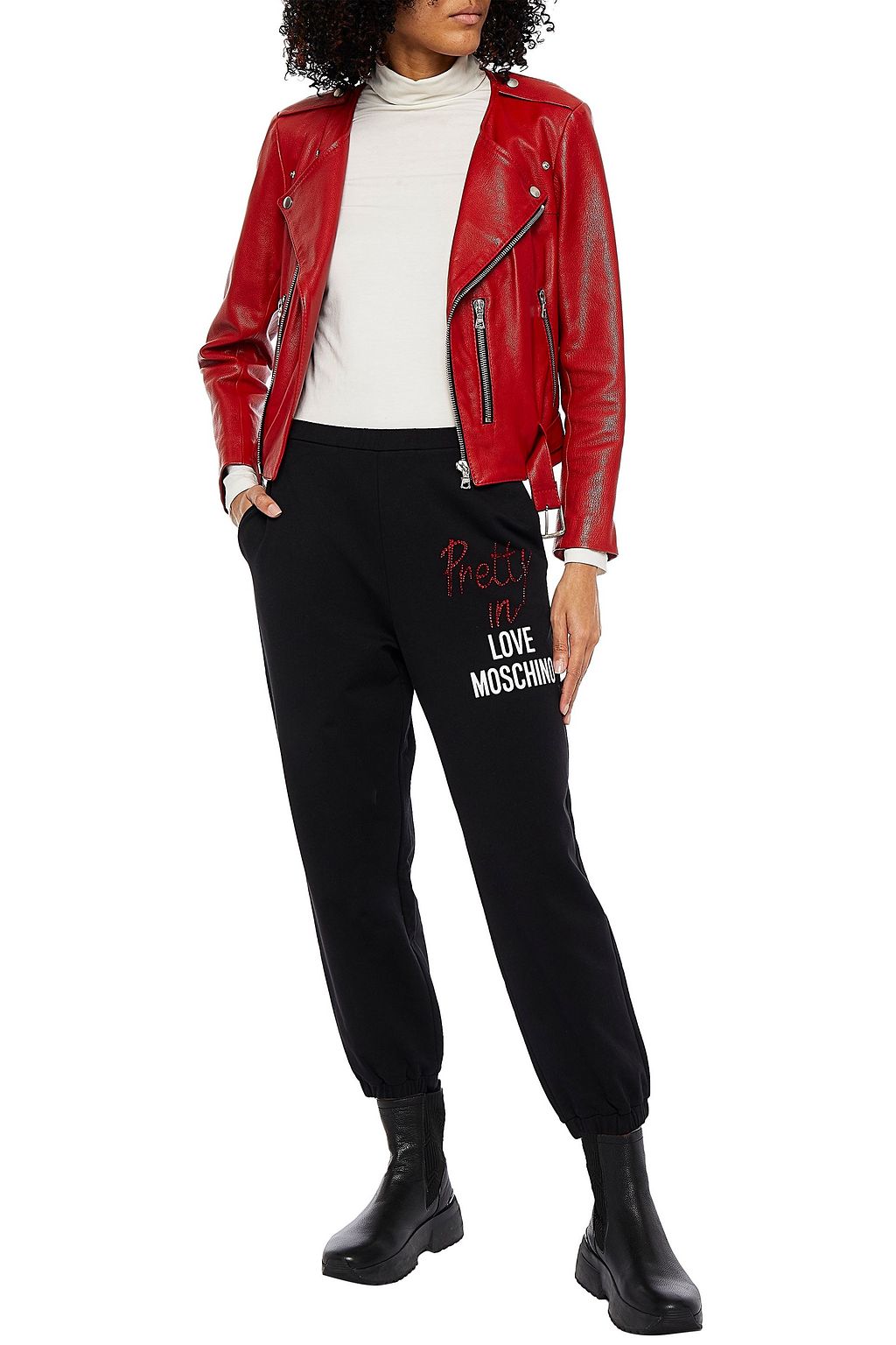 LOVE MOSCHINO Crystal-embellished printed cotton-blend fleece track pants