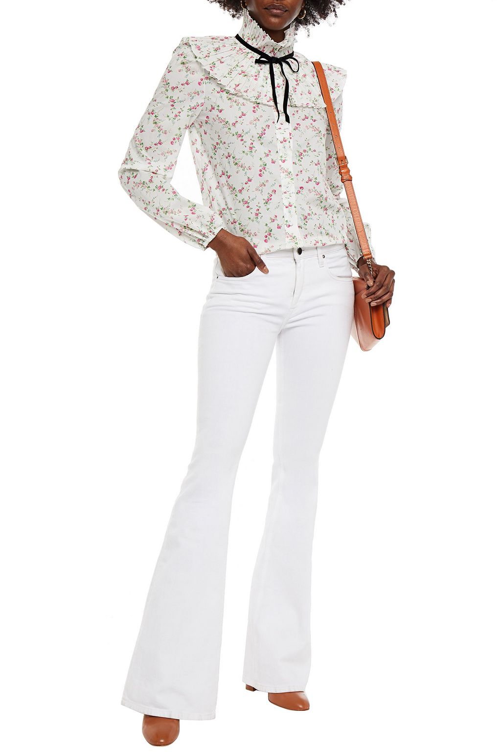 PHILOSOPHY DI LORENZO SERAFINI Tie-neck pleated floral-print cotton-voile blouse