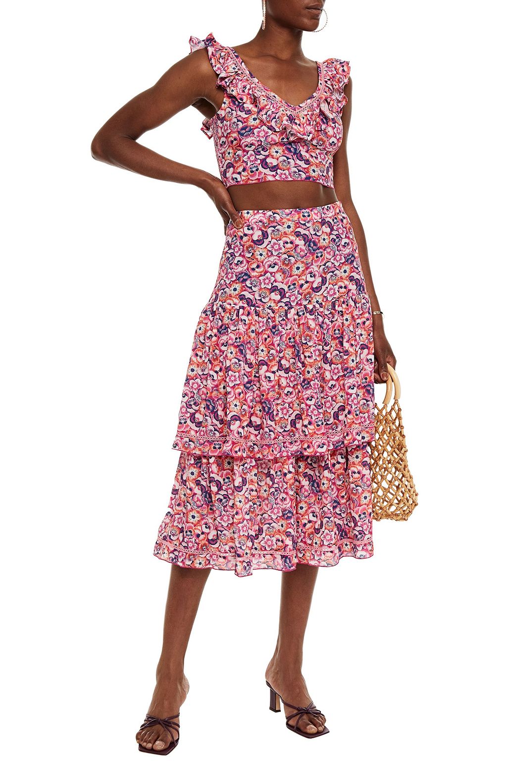 PALOMA BLUE Brooke gathered floral-print crepe de chine midi skirt