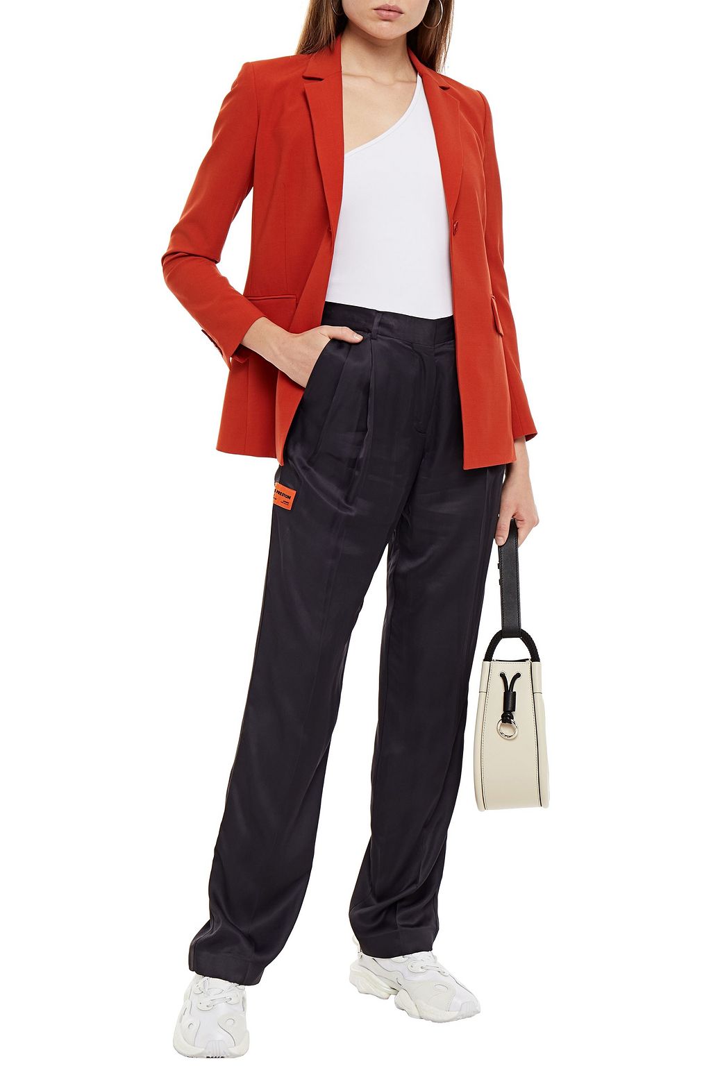 HERON PRESTON Appliquéd pleated satin tapered pants