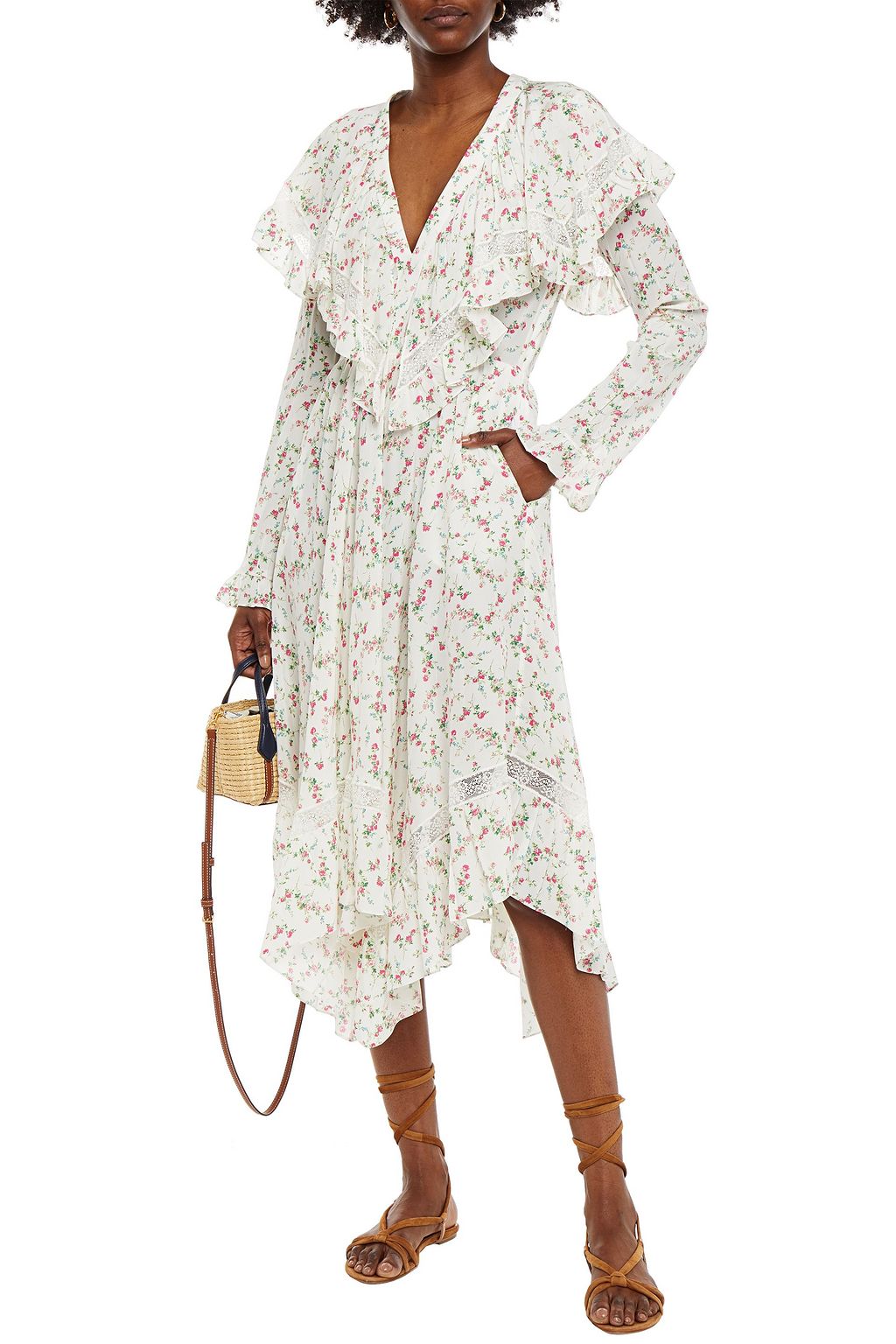 PHILOSOPHY DI LORENZO SERAFINI Asymmetric ruffled floral-print silk crepe de chine midi dress