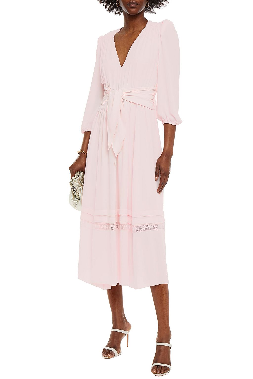 PHILOSOPHY DI LORENZO SERAFINI Tie-front lace-trimmed crepe de chine midi dress