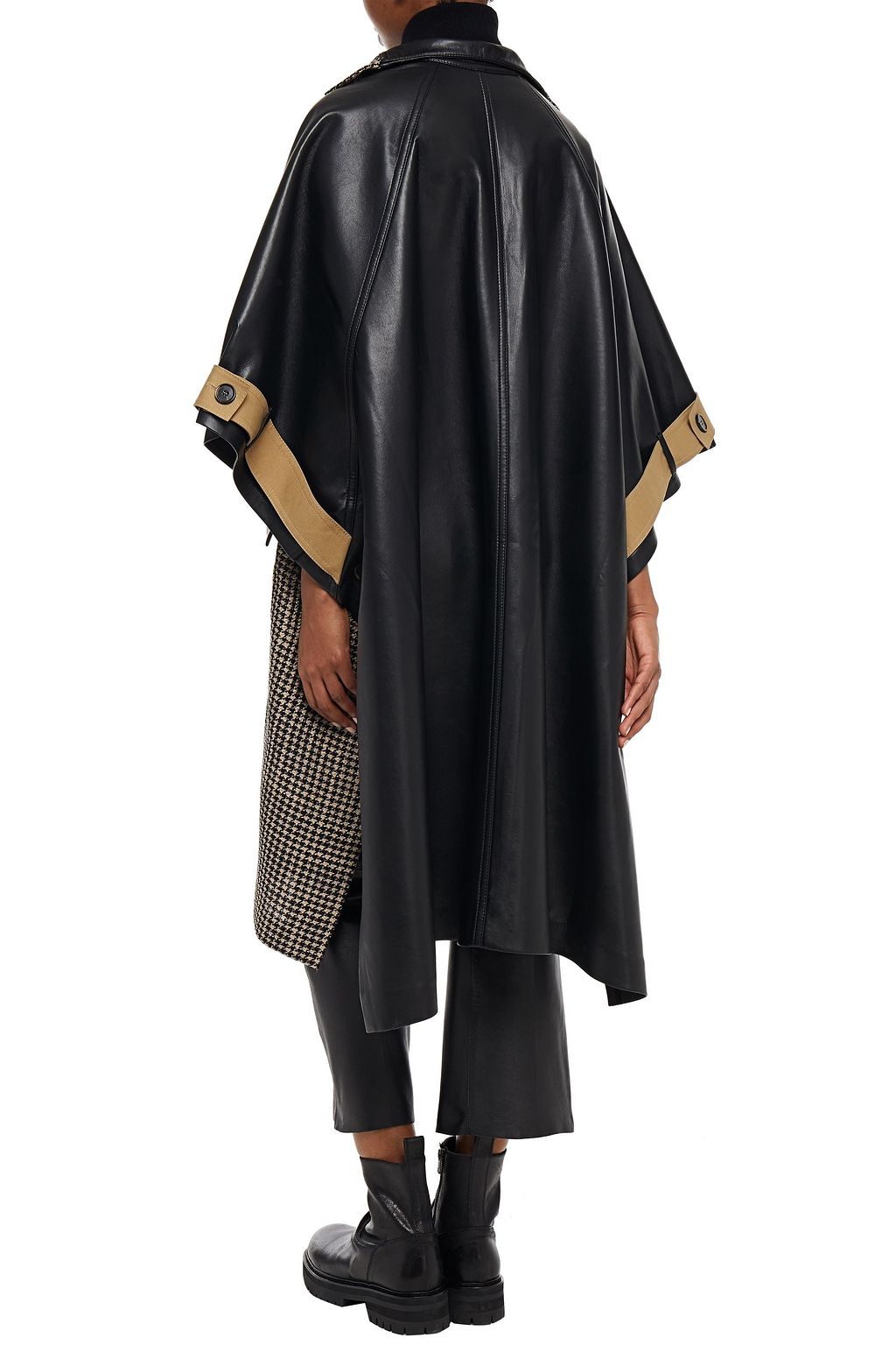 NANUSHKA Leather-paneled houndstooth tweed and cotton-poplin cape
