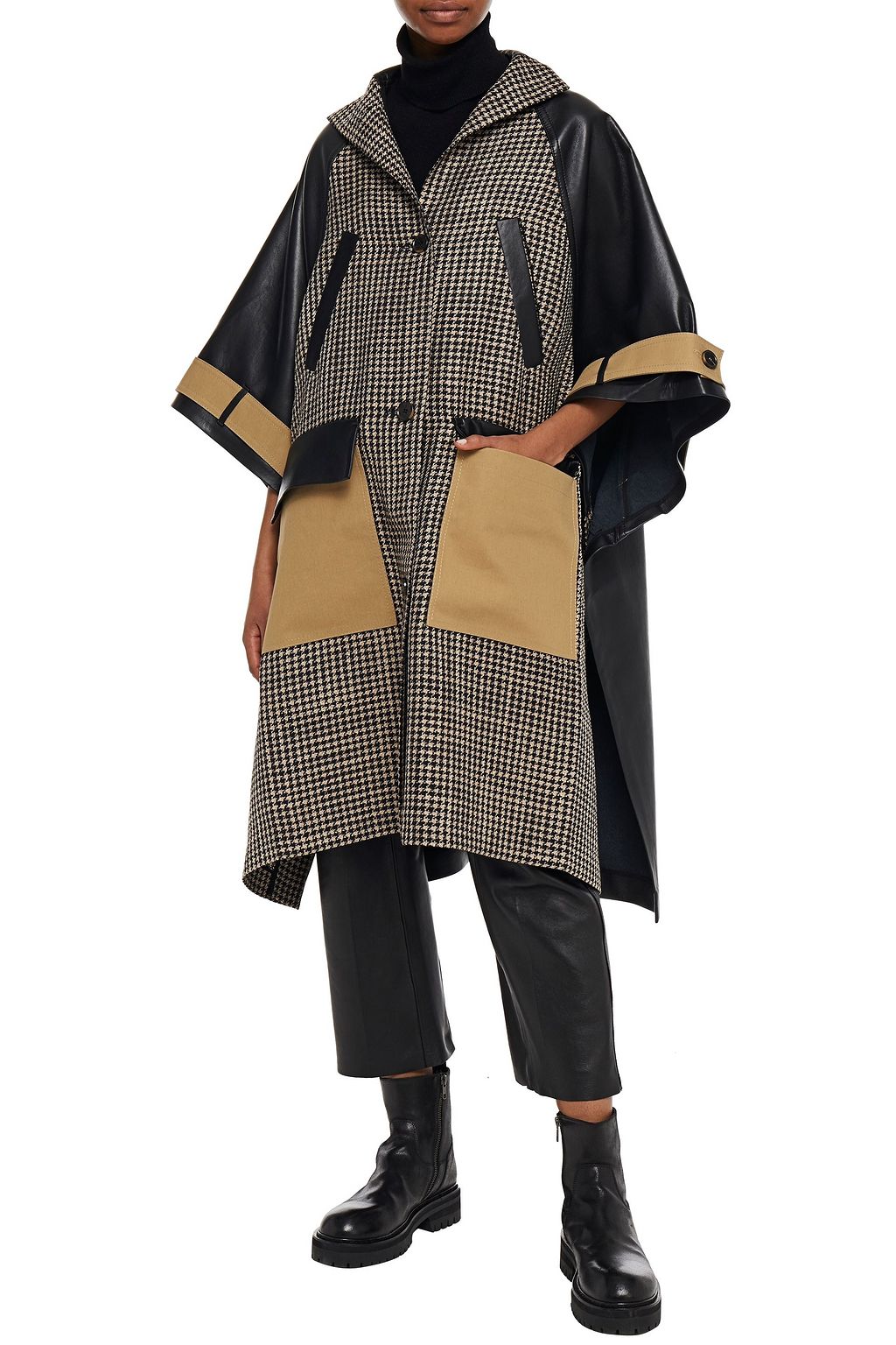 NANUSHKA Leather-paneled houndstooth tweed and cotton-poplin cape