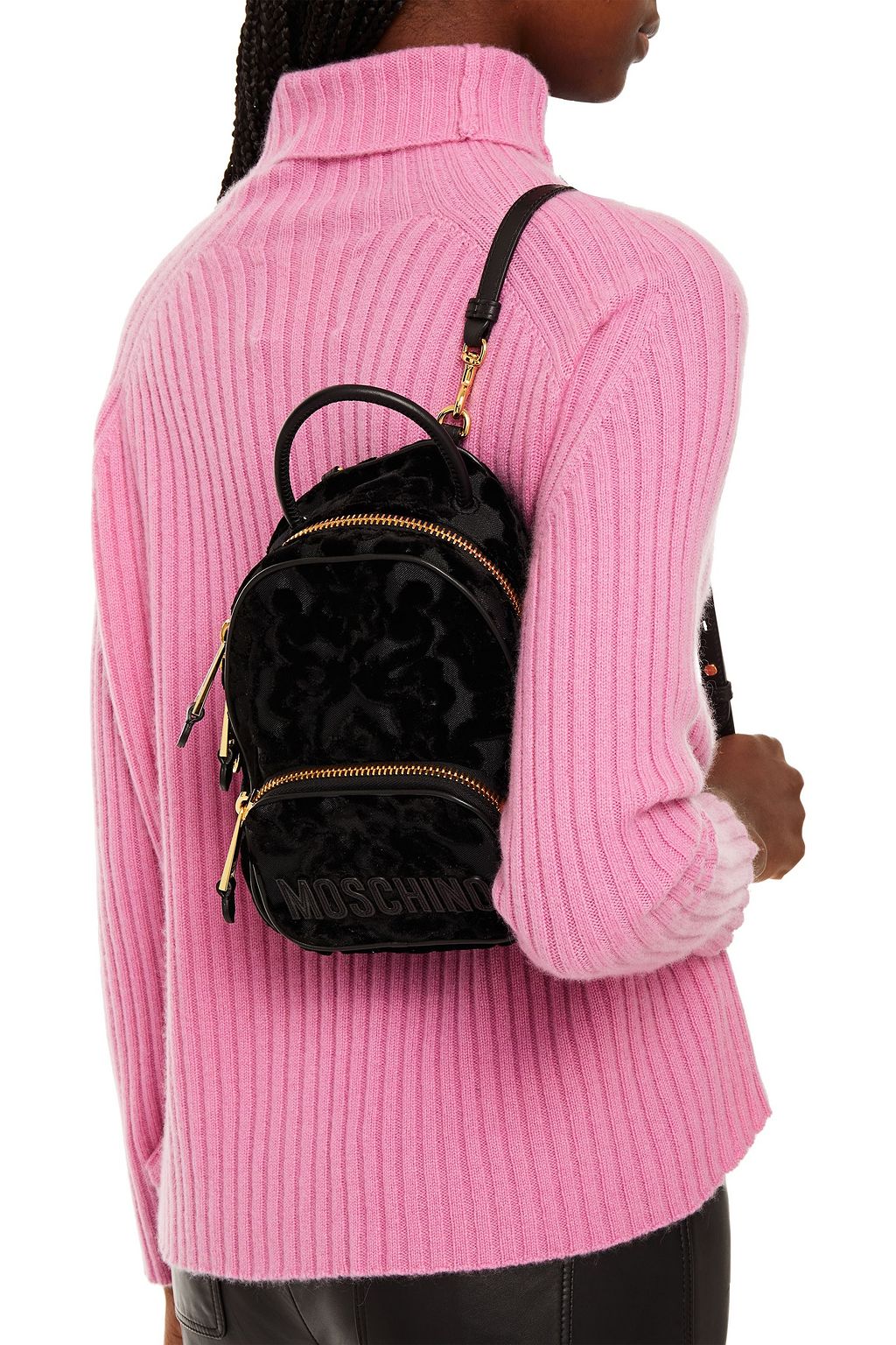 MOSCHINO Leather-trimmed flocked canvas backpack