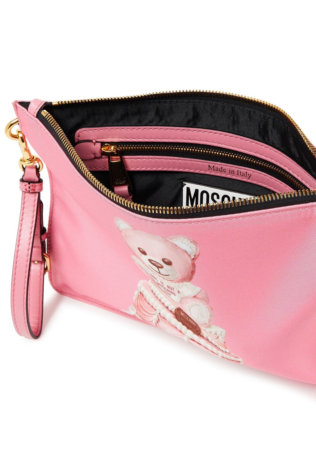 MOSCHINO Leather-trimmed printed satin-twill pouch