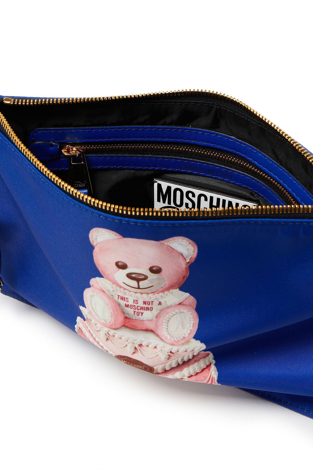 MOSCHINO Leather-trimmed printed satin-twill pouch