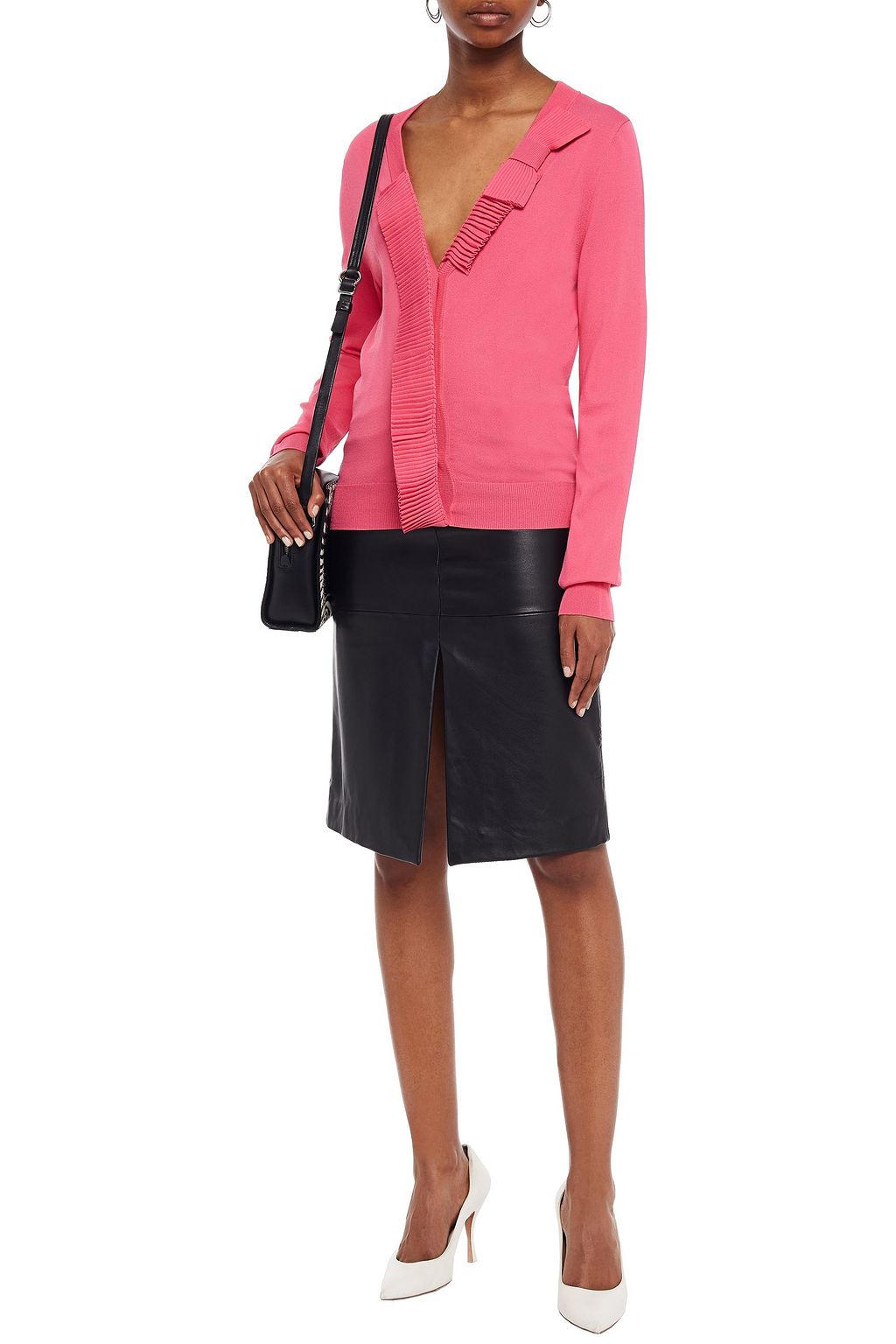 BOUTIQUE MOSCHINO Bow-embellished plissé-trimmed knitted cardigan