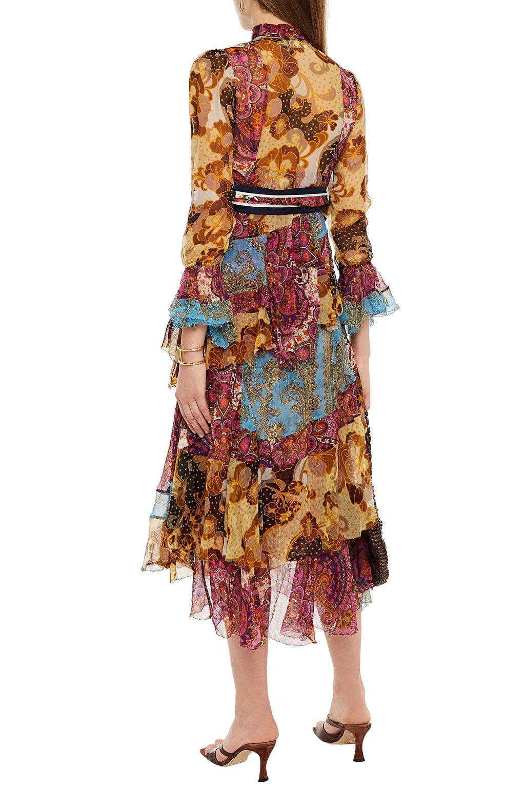 ZIMMERMANN Tiered tie-neck printed silk-crepon midi dress