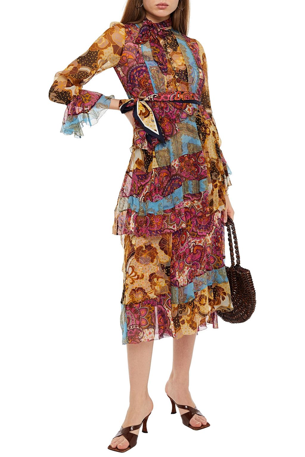 ZIMMERMANN Tiered tie-neck printed silk-crepon midi dress