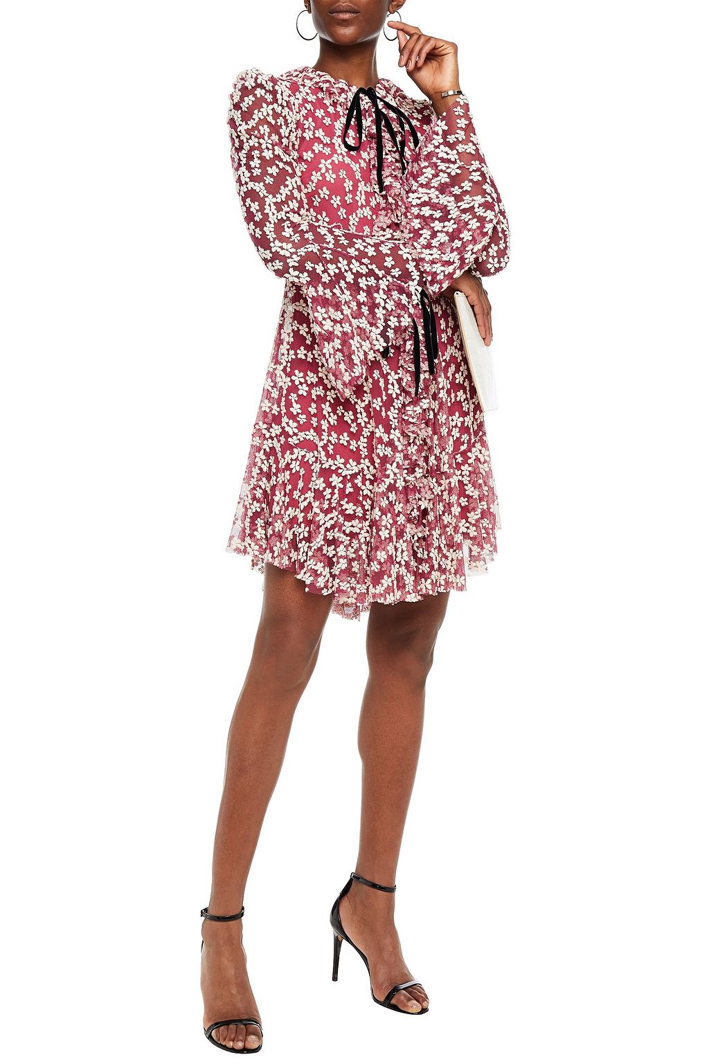 PHILOSOPHY DI LORENZO SERAFINI Bow-detailed embroidered cotton-blend mesh mini dress