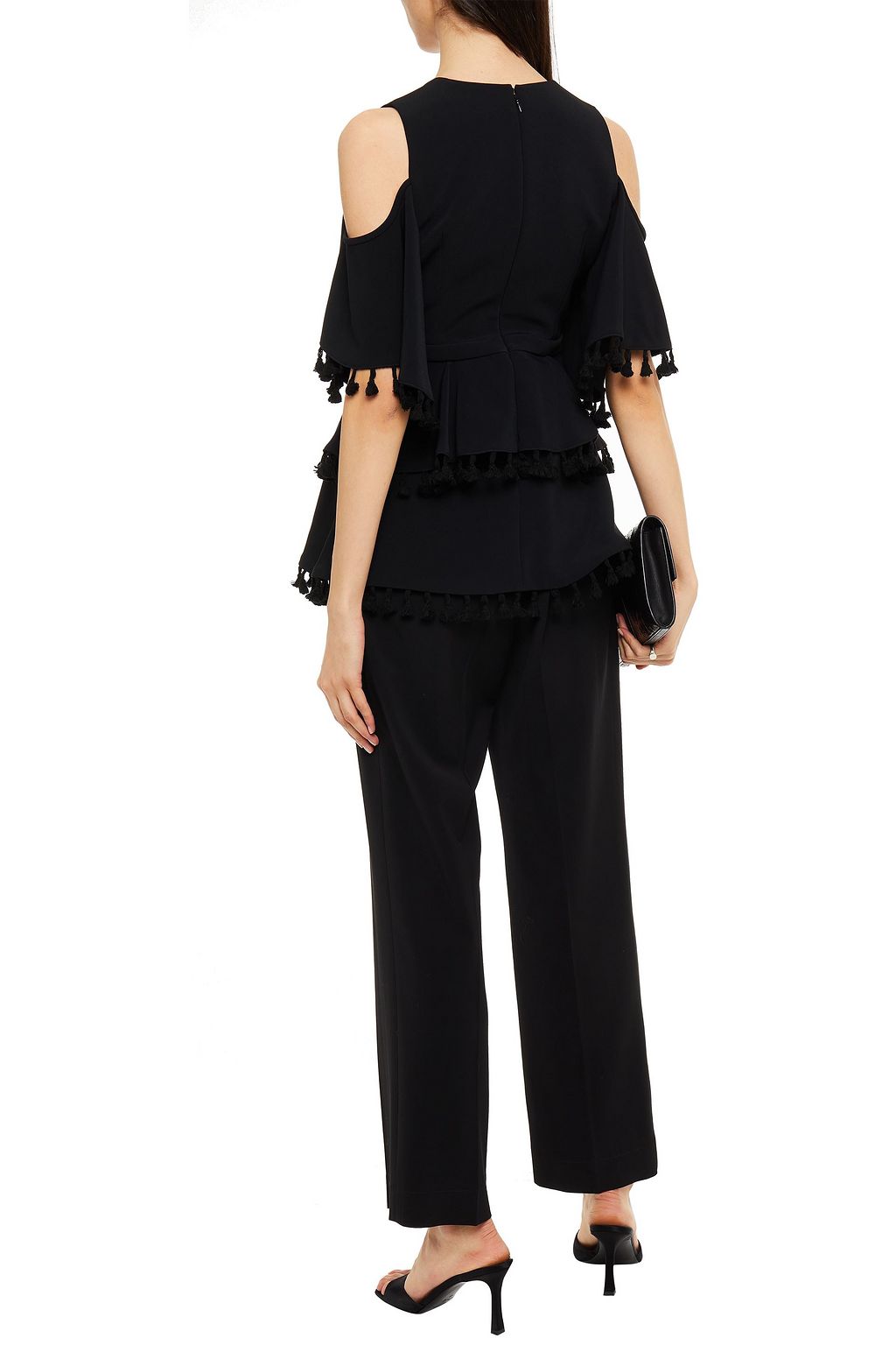 ELIE SAAB Cold-shoulder tassel-trimmed  stretch-cady peplum top