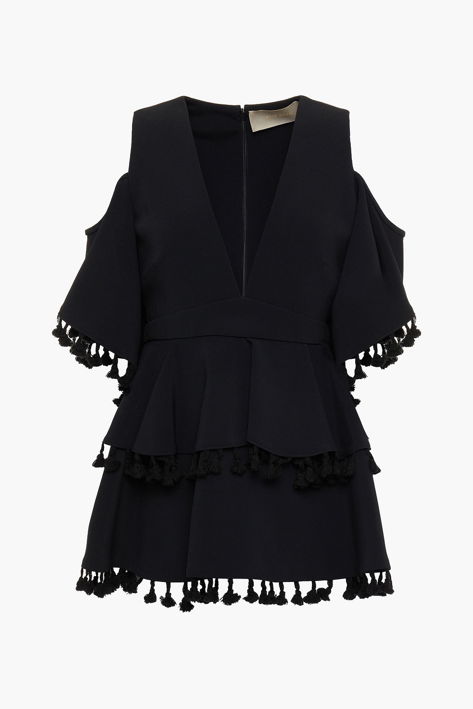 elie saab - cold-shoulder tassel-trimmed stretch-cady peplum top - black - fr 38