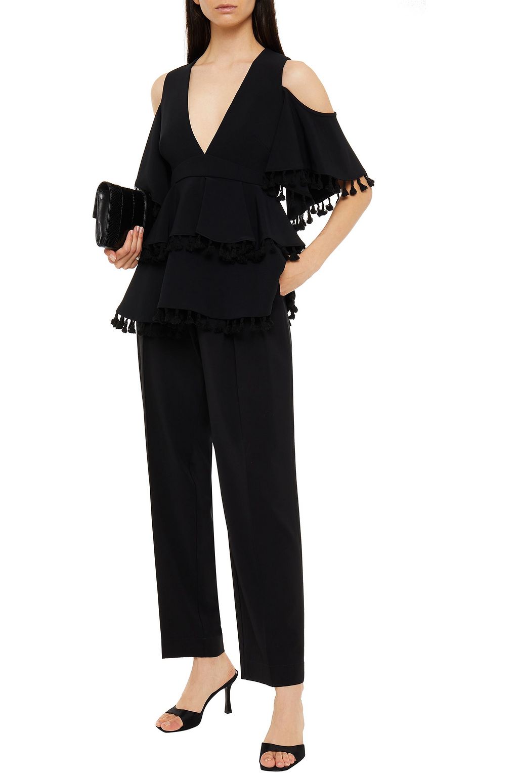 ELIE SAAB Cold-shoulder tassel-trimmed  stretch-cady peplum top