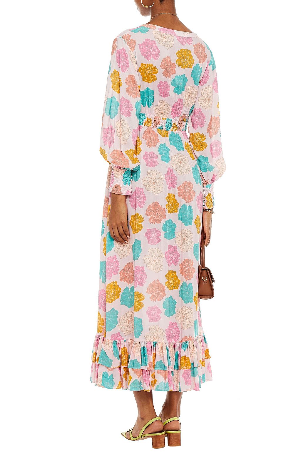 PALOMA BLUE シャーリング入り プリントボイル マキシワンピース