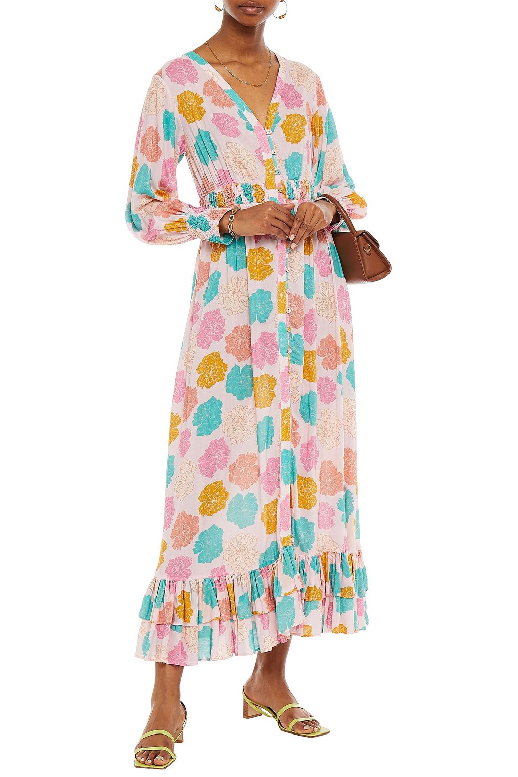 PALOMA BLUE シャーリング入り プリントボイル マキシワンピース