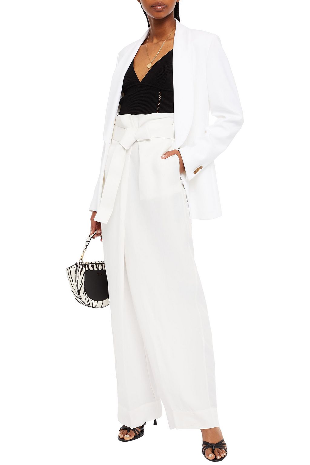 FERRAGAMO Belted leather-trimmed twill wide-leg pants