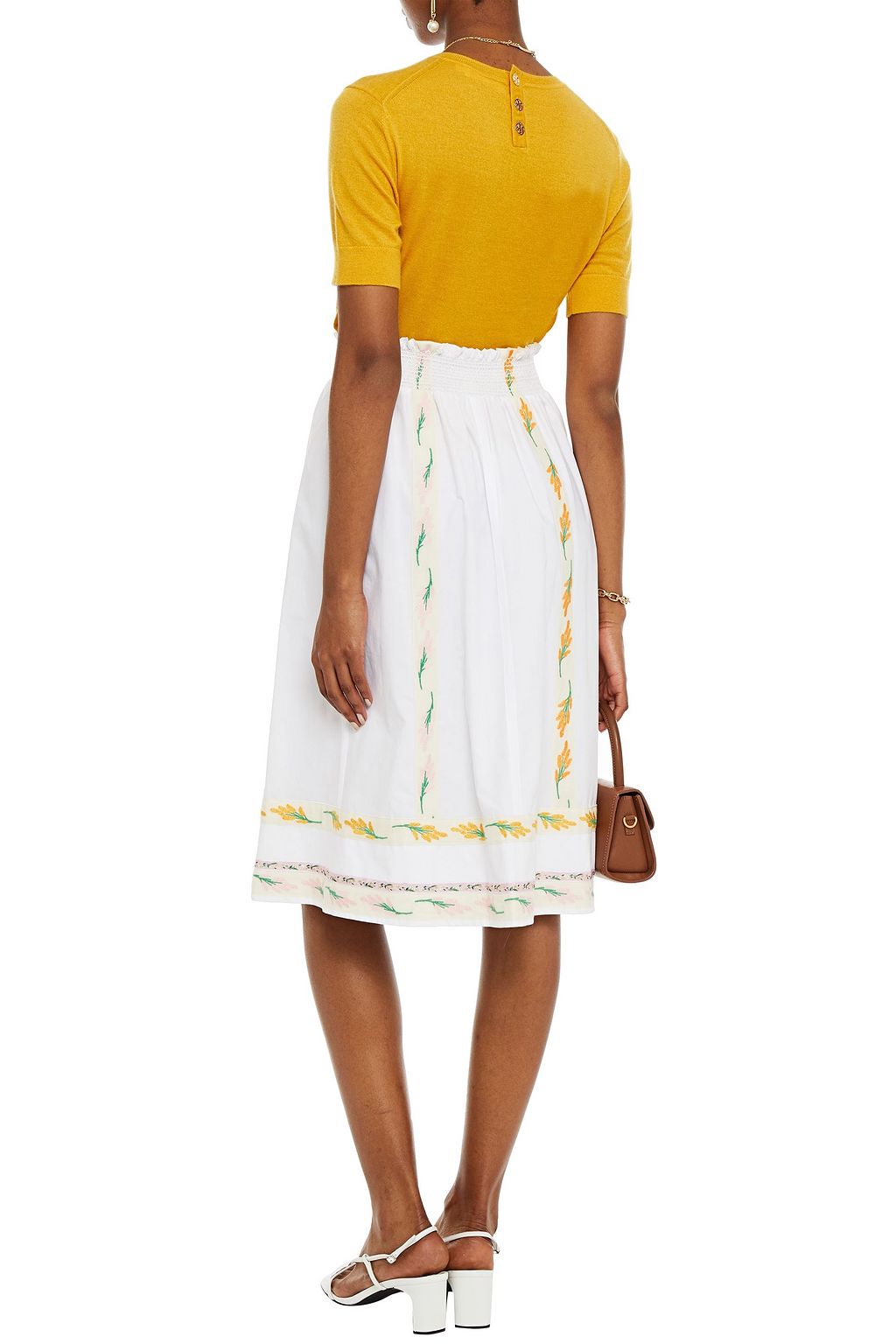 TORY BURCH Embroidered gathered cotton-poplin skirt
